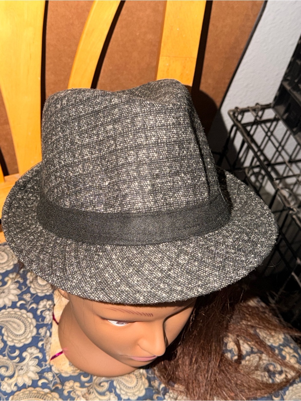 Classic Women's Gray Tweed Fedora Hat with Black Band